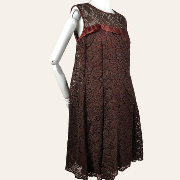 Vintage 1960s Brown Lace Cocktail Dress MOD MCM Tent Flare Satin Bow Lined M - Picture 5 of 12
